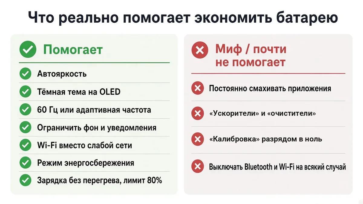 Инфографика: что реально помогает экономить батарею телефона, а что миф