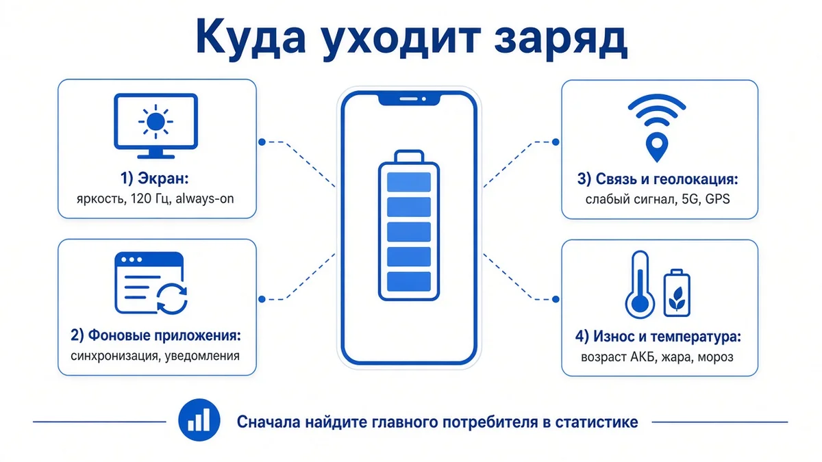 Схема: почему быстро садится батарея телефона (экран, фоновые приложения, связь, износ аккумулятора)